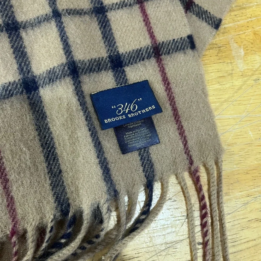 Vtg Brooks Brothers 346 Lambswool Scarf Made in Scotland Plaid Tan Navy‎ Preppy